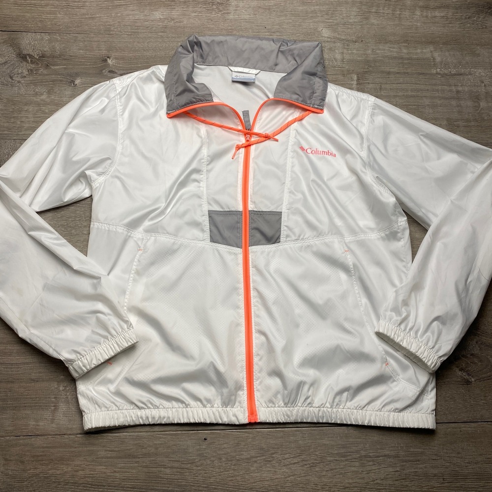 Columbia Jacket Windbreaker Women S White Grey Orange Polyester‎ Full Zip Mesh